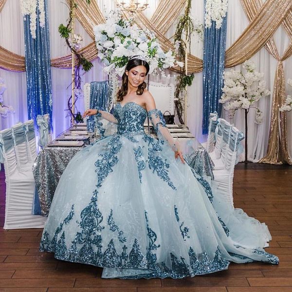 

mint blue sequins sparkly quinceanera dress with detachable sleeve 2022 charro lace-up corset princess sweet 16 prom party wear, Blue;red