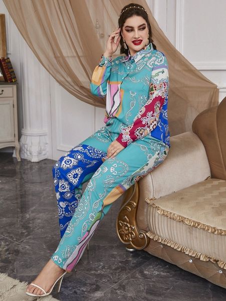 

plus floral & paisley print blouse & pants u0u5#, Black