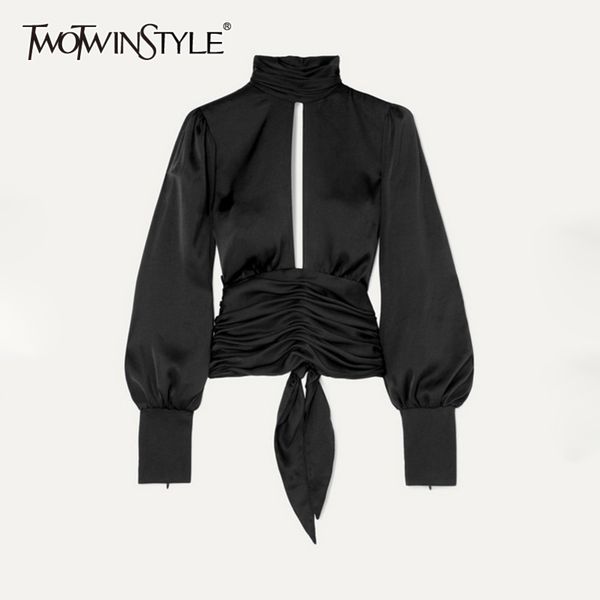 

backless white spring shirt for women turtleneck long sleeve lace up bowknot blouse female fashion clothing 210423