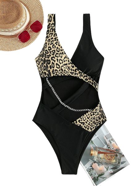 

l.eopard c.hain linked o.ne p.iece swimsuit w9xp#, White;black