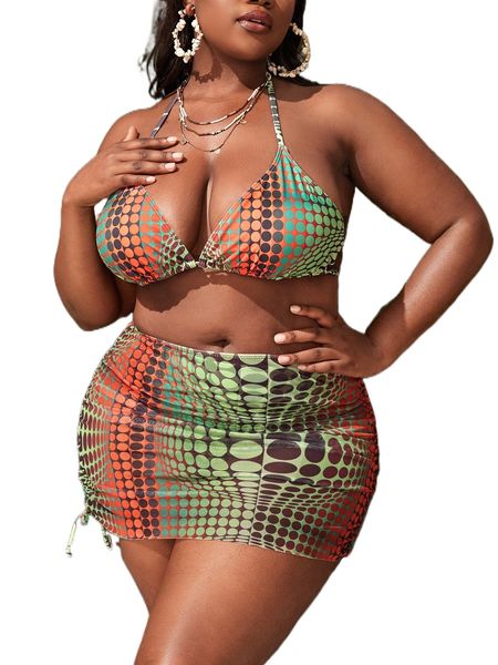 

plus polka dot print halter triangle bikini swimsuit & beach skirt z4pr#, White;black