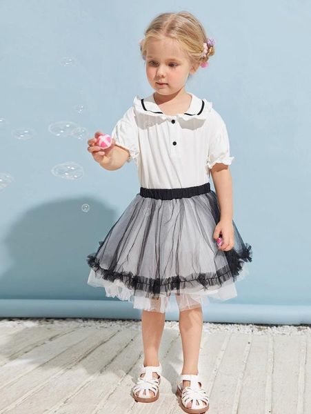

toddler girls peter-pan collar ruffle trim half button placket blouse she, White;black