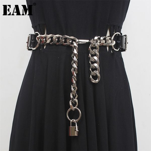 

[eam] pu leather black thick metal chain long wide belt personality women fashion all-match spring autumn 1dd9566 220414, Black;brown