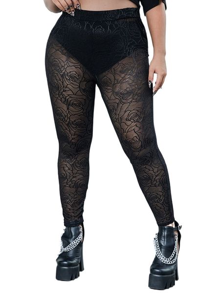

plus floral lace leggings without belt & panty a1pg#, Black