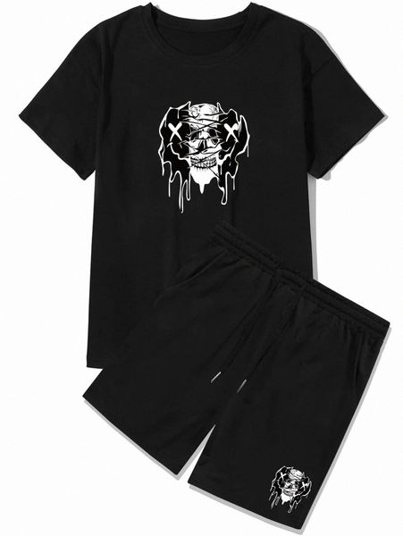 

romwe guys skull graphic tee & shorts m6ba#, Gray