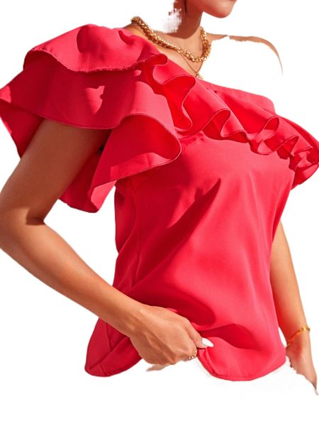 

one shoulder ruffle trim blouse c3gx#, White