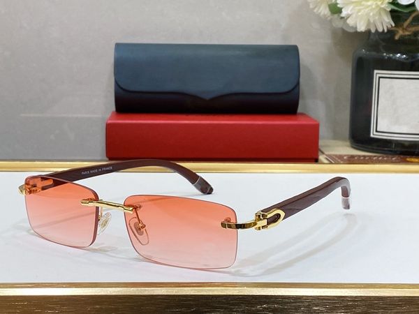 Luxus-Designer-Sonnenbrille für Damen, Herren, Gold, Silber, Metall, Holzrahmen, Schwarz, Rot, Blau, klare Linse, randlos, quadratische Sonnenbrille, C-Dekoration