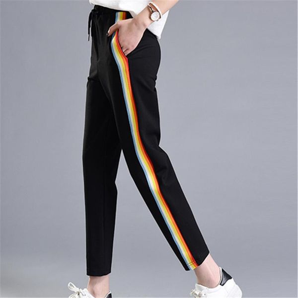 

women's pants & capris spring summer fashion rainbow colorful striped casual female loose elastic waist cool harem women's pockets, Black;white