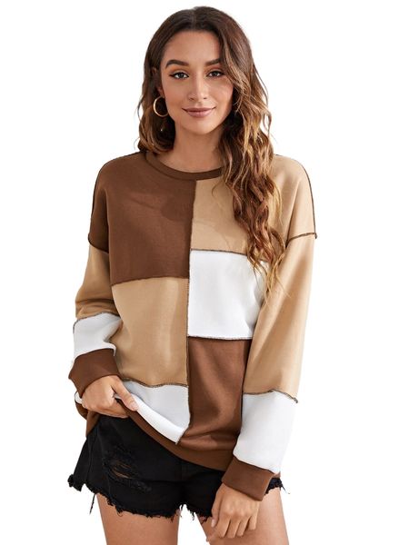 

colorblock stitch trim drop shoulder sweatshirt g2eq#, Black