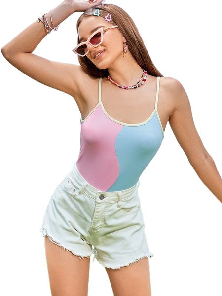 

two tone contrast binding cami bodysuit y0ns#, White