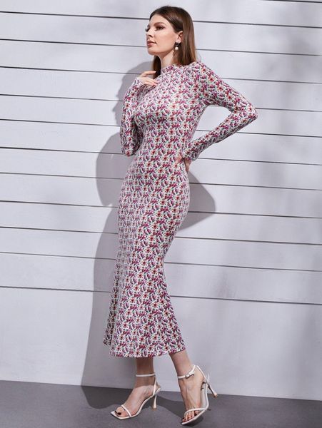 

allover floral print mock neck fishtail hem dress without belt r5tk#, Black;gray