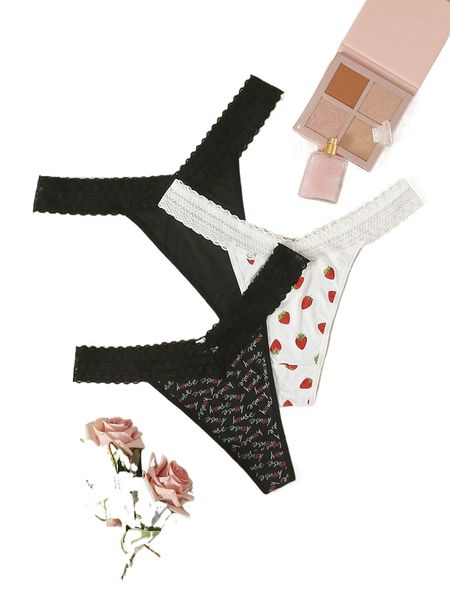 

plus 3pack strawberry & letter graphic panty j0oy#, Black;white