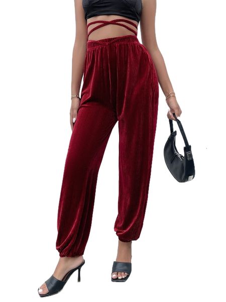 

solid lace up velvet sweatpants z4f8#, Black;white