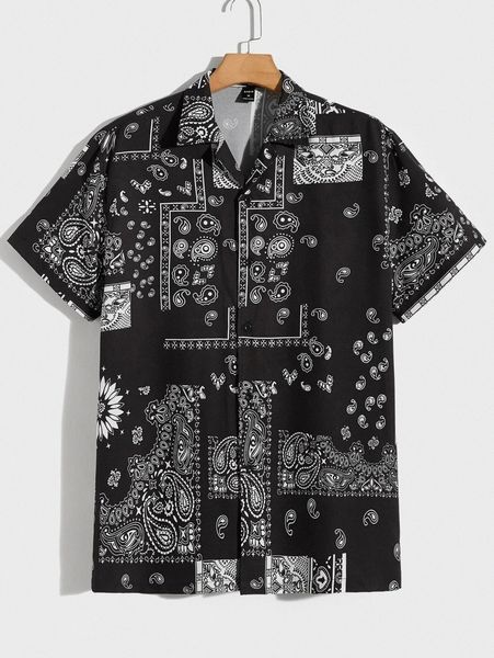 

men paisley print button front shirt 38fk#, White;black