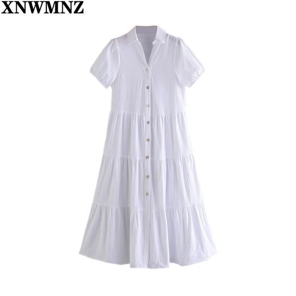 

xnwmnz women a line button summer midi dress female short elasticated sleeve vneck white elegant woman dresses clothes vestidos 210513, Black;gray