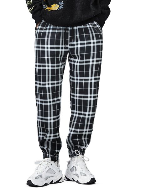 

men elastic waist plaid pants a7vi#, Black