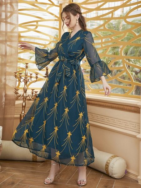 

floral embroidery flounce sleeve belted dress c99y#, Black;gray