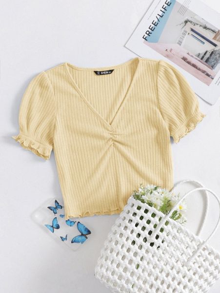 

ruched detail frilled cuff puff sleeve lettuce edge v3tj#, White