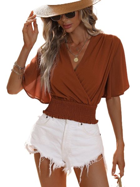 

surplice neck shirred butterfly sleeve blouse v4cu#, White