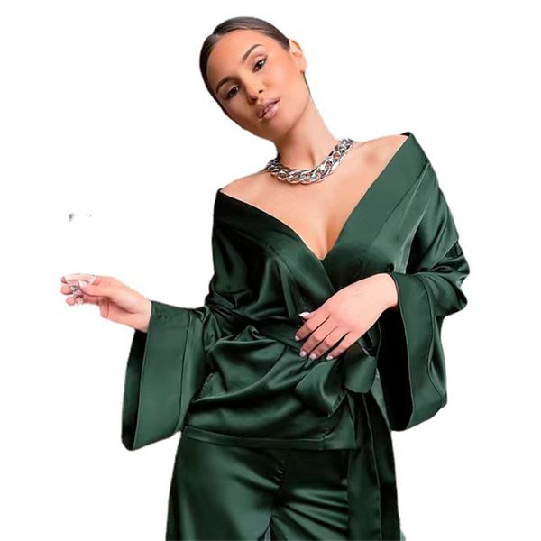 

women satin robes sleepwear with sashes 2 piece set loose pajamas sets female home suits, Black;red