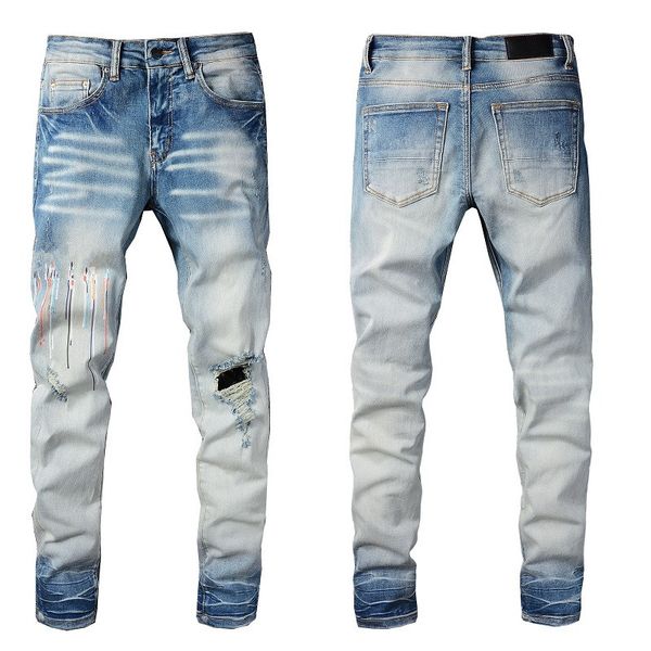 

man skinny jeans stretch mens biker slim knee ripped spray on letter paint trousers designer distressed motorcycle fit big and tall long str, Blue