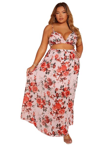 

sxy plus floral print cut out cami dress 76c8#, Black