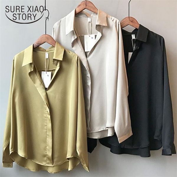 

spring women fashion long sleeves satin blouse vintage femme v neck street shirts elegant imitation silk blouse 210302, White