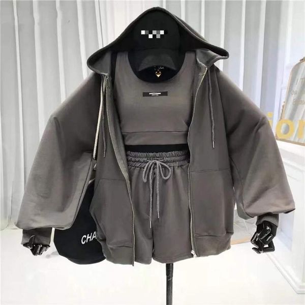 

women's tracksuits three 3 piece sets women vest drawstring shorts hooded zipper jacket sportswear suits female solid sports hoodie, Gray