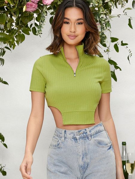 

solid zipper front crop tee w7mb#, White