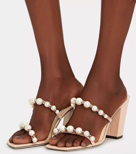 

luxury designer amara mules sandals shoes nude black open square-toe pearl strappy slip on slippers high heels party wedding dress eu35-43