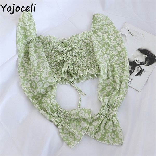 

yojoceli boho beach print blouses shirt women long sleeve ruffle short blouse female blusas 210326, White