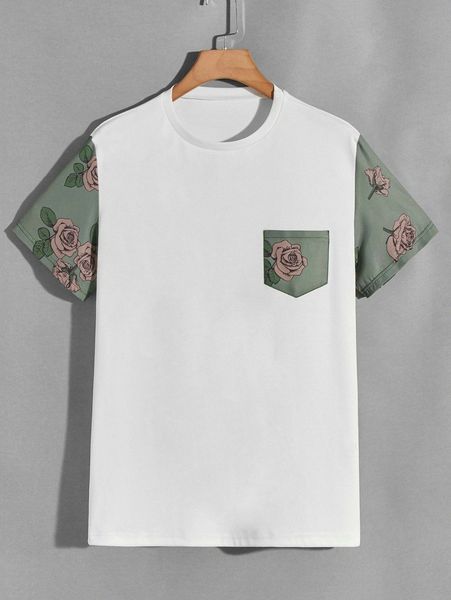 

men floral print patched pocket tee p72n#, White;black
