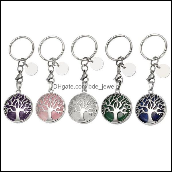 Anéis -chave Árvore da vida Rosa natural quartzo geme stone cura cura chave keychain birthday keyrings presente gota de dhseller2010 dhrzq