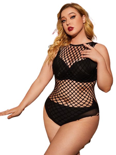 

plus hollow-out teddy bodysuit without lingerie a84g#, Black;white
