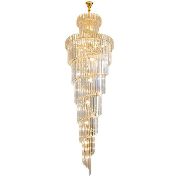 

duplex staircase chandelier light luxury villa hall crystal lighting gold post-modern spiral stairway lamp long loft industrial ceiling pend