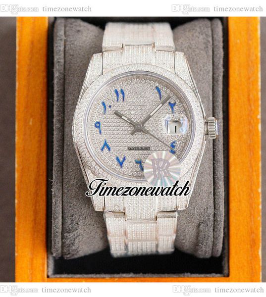 RF 36 mm 126234 Miyota Automatik-Unisex-Herren-Damenuhr, gepflastertes Diamant-Zifferblatt, blaue arabische Schrift, vollständig vereistes 904L-Stahlarmband, Damenschmuck, Zeitzonenuhr F6