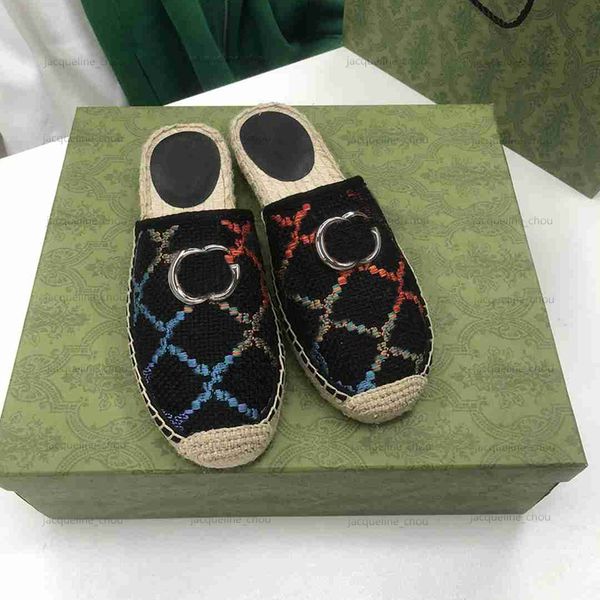

luxury slippers embroidered canvas straw slide sandal metal buckle women slider beach sandles designer woman flip flops with box, Black