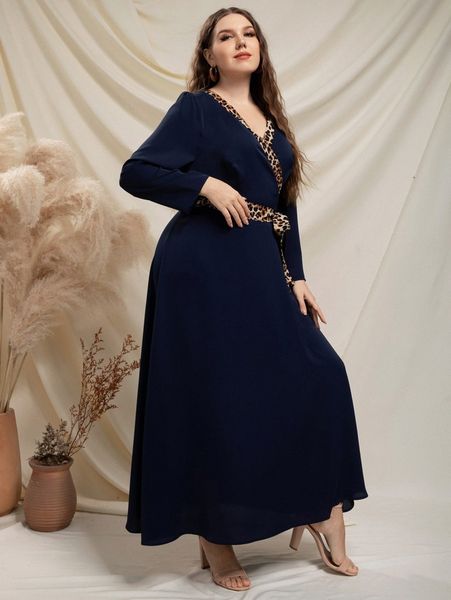 

plus leopard puff sleeve belted dress b6oo#, Black