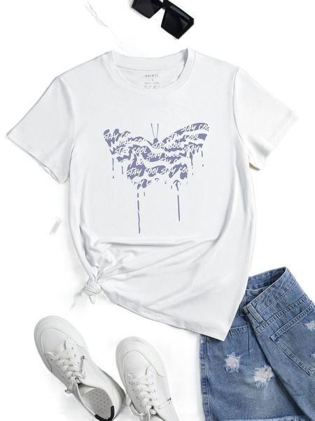

slogan & butterfly print tee u97g#, White