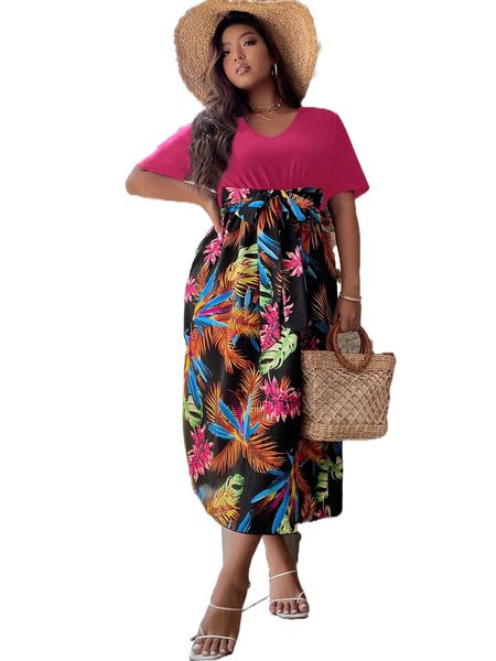 

plus tropical print tie front dress y9tc#, Black