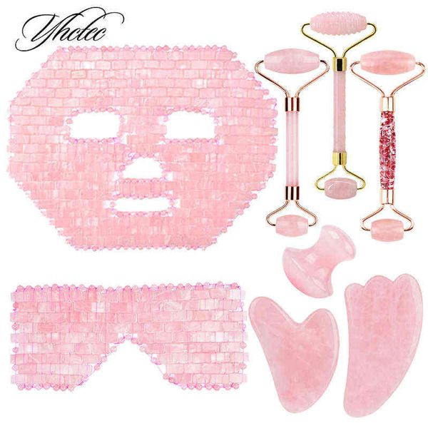 Raschietto per guazzo al quarzo rosa naturale per viso Rullo di giada Gua Sha Massaggio Occhio Maschera per dormire Strumenti di bellezza antirughe 220510