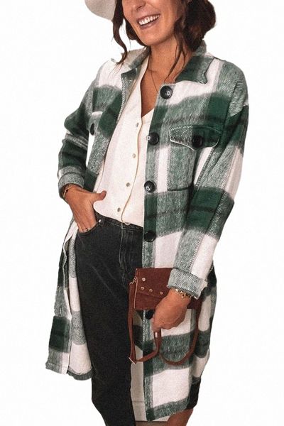

women's trench coats green shirt collar button closure plaid coat women autumn winter long sleeve classic print plus size s-2xl z81l#, Tan;black