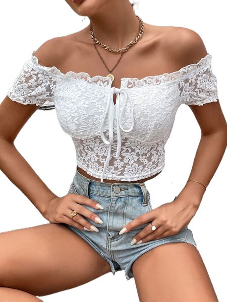 

off shoulder frill trim tie front lace 89si#, White