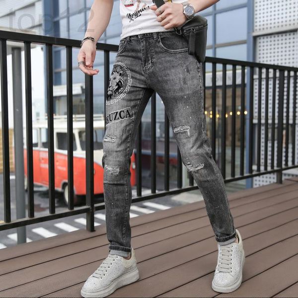 

men's jeans designer jeans spring and autumn tide brand drill small foot slim fit pants men's wear perforated elastic bs0o, Blue
