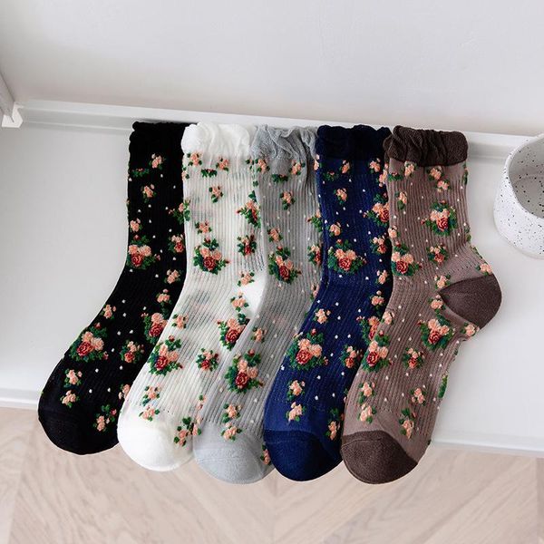 Meias Hosiery Harajuku Retro Mulher Vintage Estamão Floral Etnica Japanha Kawaii Feminina Mulheres de verão Mesh fino de seda de seda Sockssocks