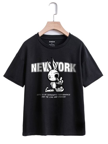 

cartoon and slogan graphic tee b9a4#, White