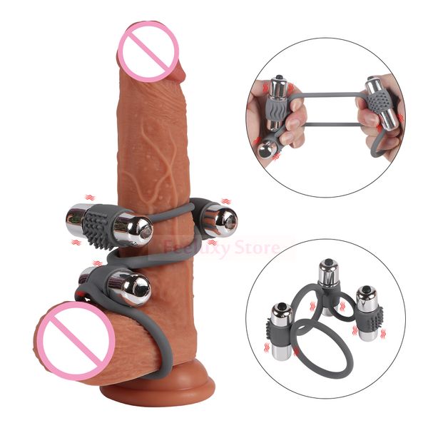 Proiettile con anello vibrante a triplo cazzo per ritardo dello sperma maschile, massaggio del pene, giocattoli sexy, vibratore in silicone