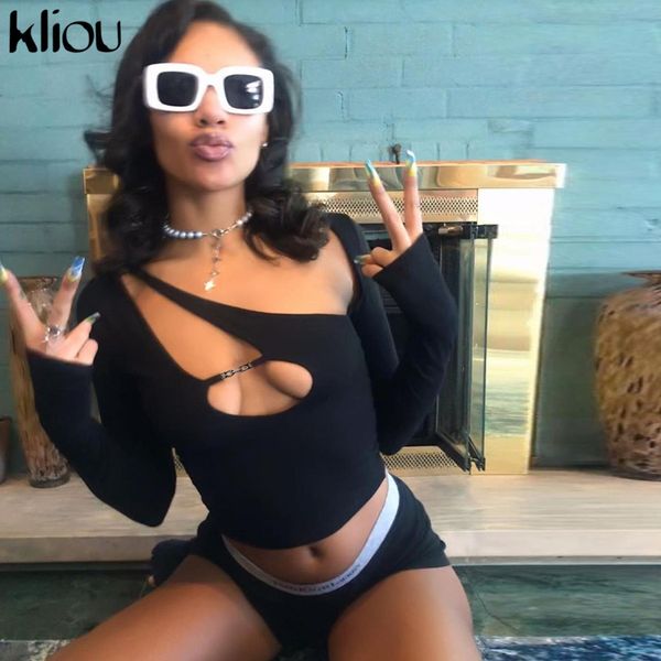 

hollow out skew collar crop women solid fashion streetwear slim t-shirts active clubwear bodycon skinny tees, White