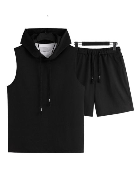 

men solid drawstring hooded tank & shorts without tee 448h#, Gray