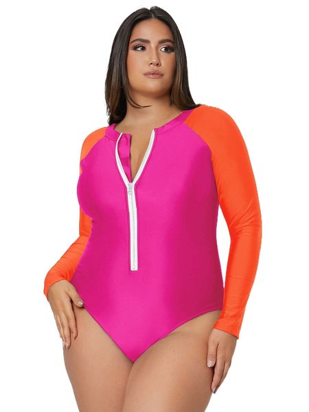 

plus colorblock zip front one piece swimsuit a2ac#, White;black